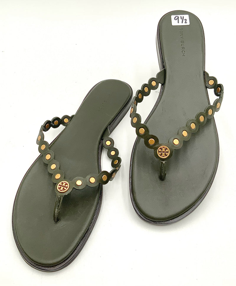 TORY BURCH Leccio Green Scalloped Lea Gold Stud Benton Flip Flop Sandals 9.5