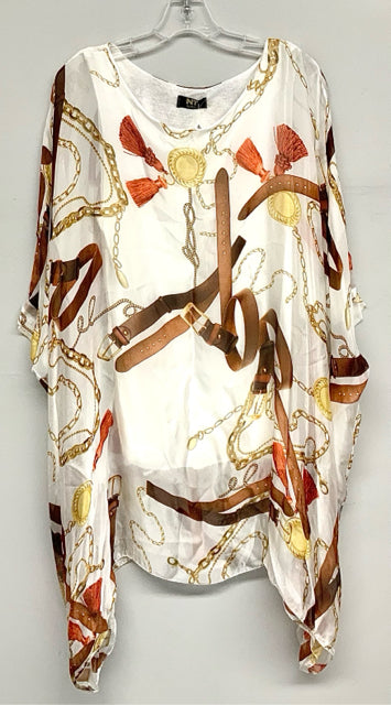 NT BY AMATI White Brown Red Gold Belt/Tassel/Chain Silk Tunic Top