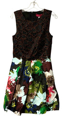 TRINA TURK Black/Burgundy Lace Bodice w/Pleated Floral Skirt "Emmalee" Dress