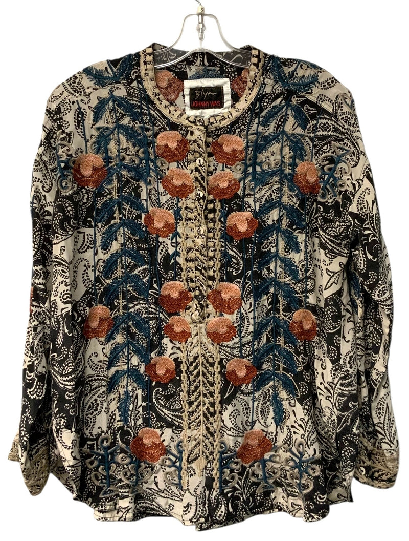 JOHNNY WAS Biya Black/Eggshell Paisley w/Teal & Rust Embroid Silk Top