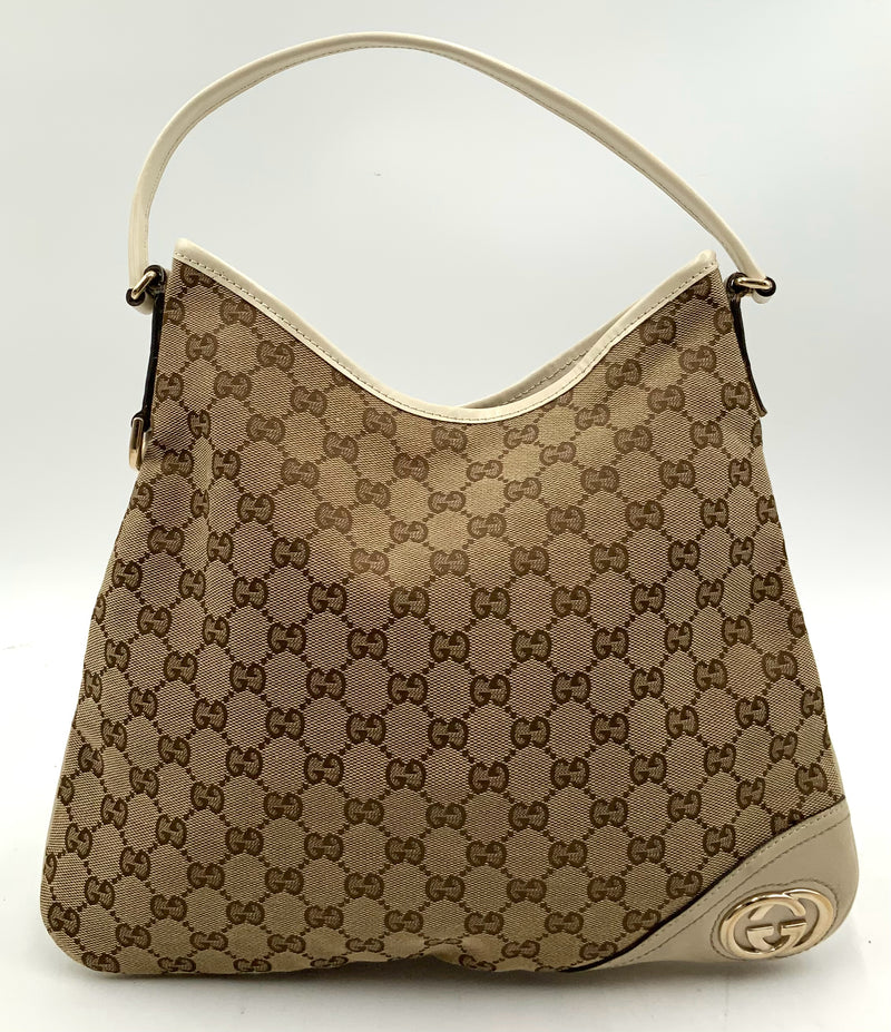 GUCCI Tan GG Monogram Canvas Beige Leather New Britt Hobo Bag