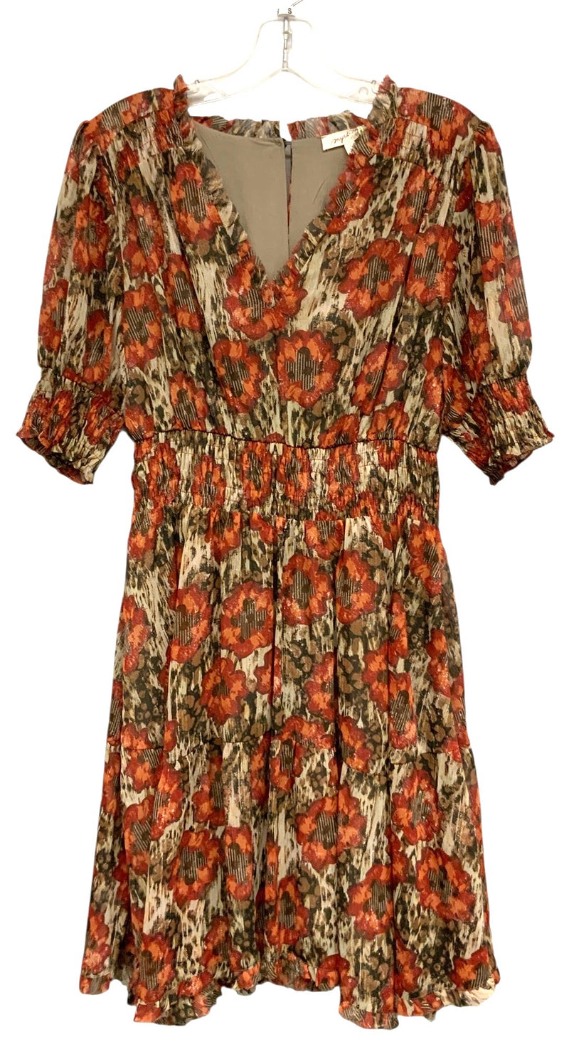 MYSTREE Brick/Sage/Lurex Floral Smocked Detail V-Neck Dress
