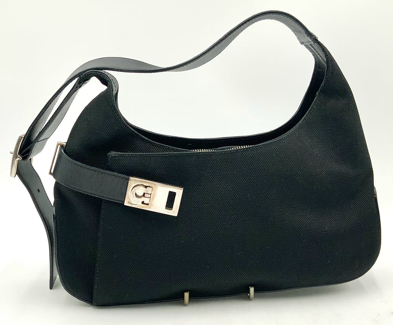 FERRAGAMO Black Leather Textured Fabric Gancini Hobo Bag