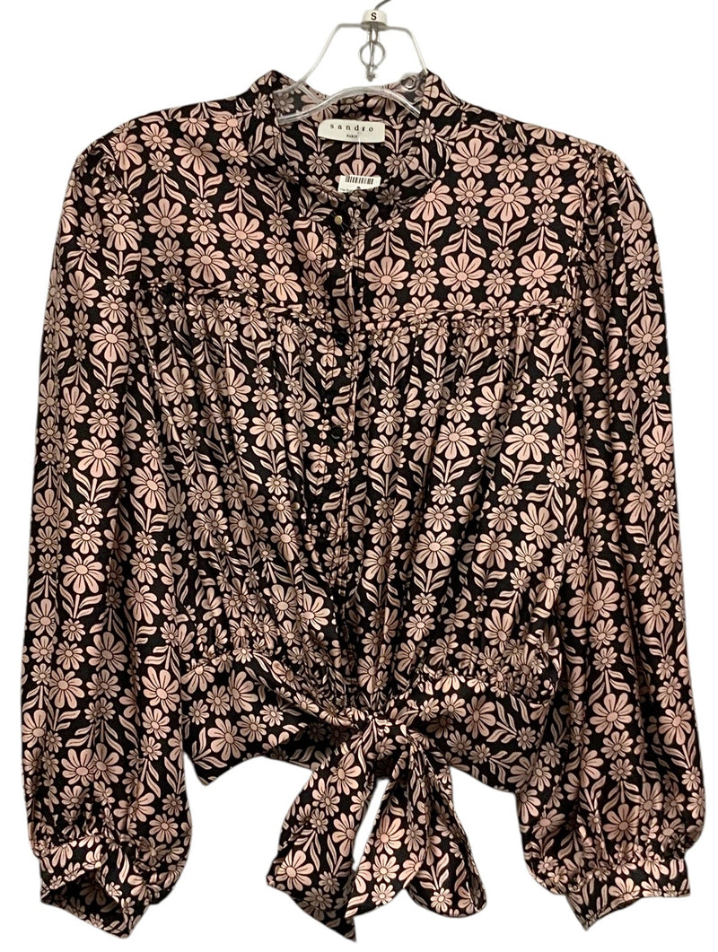 SANDRO Black/Pink Floral Band Collar L/S B/D Tie Waist Silk Top