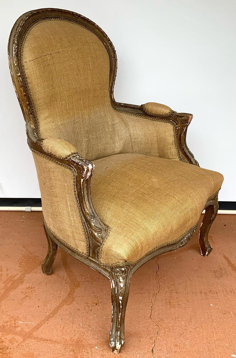 Distressed French Style Armchair with Burlap Upholstery