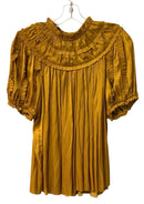 ULLA JOHNSON Marigold Satin Pleated Ruffle Aimee Puff Slv Top