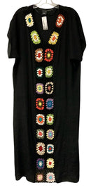 SAKS FIFTH AVENUE Black w/Multi Color Crochet Squares S/S Dress