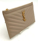 Yves St Laurent Beige Quilted Calfskin Leather Logo Zip Pouch
