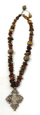 Amber/Sterling Capped Amber Bead Necklace w/Coptic Cross Pendant