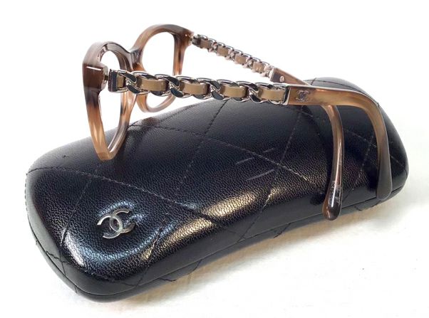 CHANEL Tan/Brown Marbled Tortoise Silvertone Chain Detail Eyeglass Frames Only