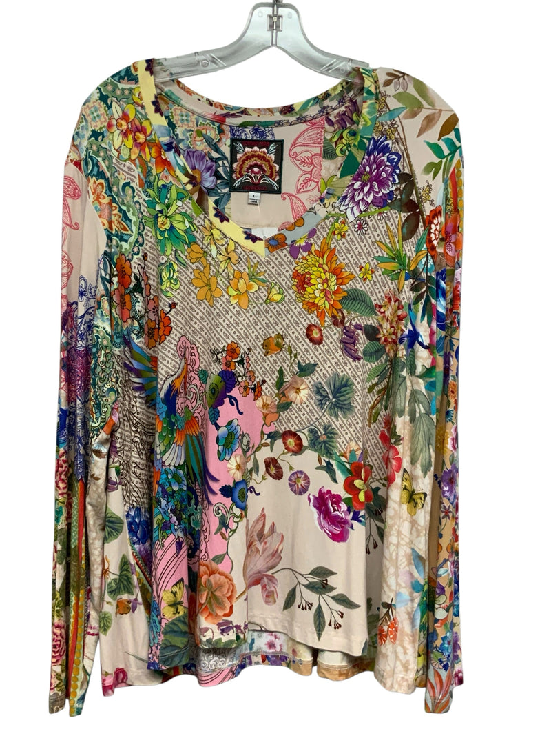 JOHNNY WAS Cream/Pink/Green/Multi Floral V-Neck L/S Knit Top