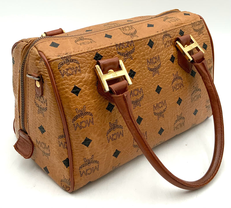 MCM Vintage Tan Leather Visetos Logo Boston Handbag