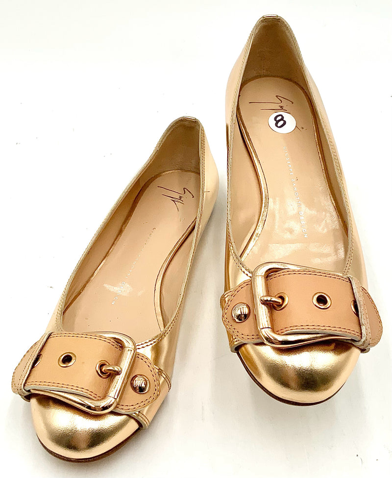 GIUSEPPE ZANOTTI Rose Gold Tan Leather Buckle Flats 38