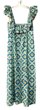 TAYLOR TILMAN Blue/Aqua/Cream Floral Smocked Front Ruffle Detail Midi Dress