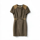 BLUMARINE Taupe w/Tan Leather Accents S/S Wool Blend Dress