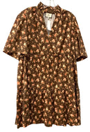 TUCKERNUCK Brown/Peach/Green Floral Ruffle Split Collar "Crawford" S/S Dress