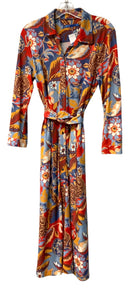 J MCLAUGHLIN Blue/Red/Gold Floral L/S B/D Belted Dress