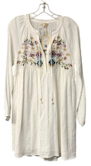 MYSTREE White Crinkle Cotton w/Multi Floral Embroid Tie Neck L/S Dress