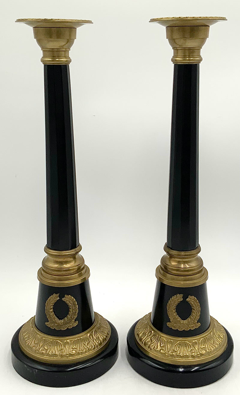 Pair of Neoclassic Black & Brass Candlesticks