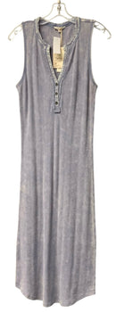 MYSTREE Acid Wash Denim Blue w/Frayed Trim S/L Mid-Calf Dress