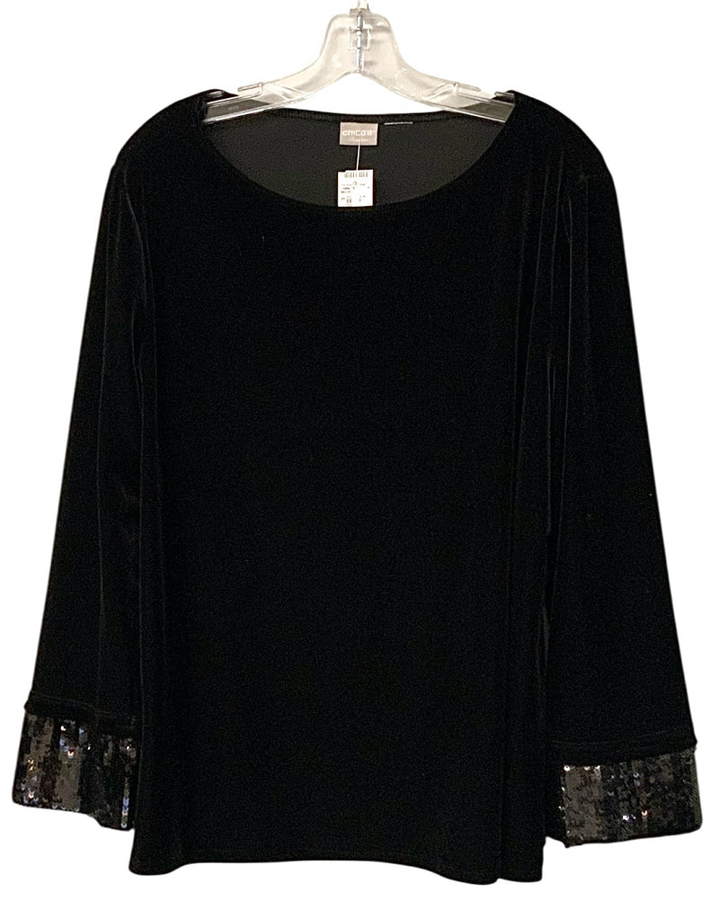 CHICOS Black w/Sequin Cuff Velvet Top