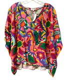 CROSBY Pink Multi Graphic Floral Linen Blend Maggie Top