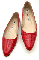 MANOLO BLAHNIK Red Croc Embossed Leather Pointed Toe Flats 38.5