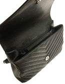 YSL Black Quilted Leather College Logo Flap Top Handle Chain Strap Bag