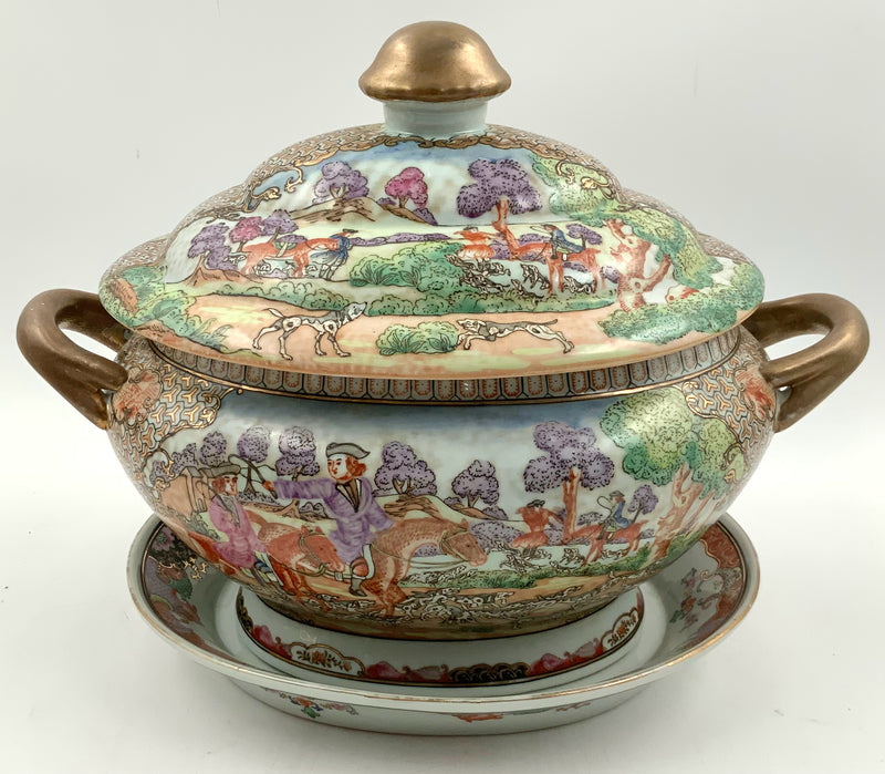 Vintage Porcelain Hunting Motif Tureen with Underplate