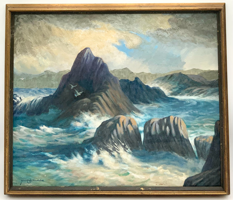 Vintage 1953 HL Chadwick Acrylic on Board of Surf in Wood Frame