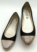 JIMMY CHOO Black Leather Goldtone Mesh Cap Toe Waine Flats 39