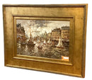 Oil on Canvas of Sailboats in Harbor in Gold Frame