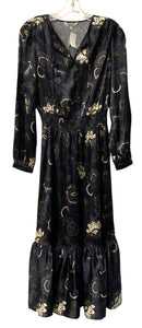 TUCKER Navy/Black/Off-White Floral Tie Neck "Juliette" Silk Dress
