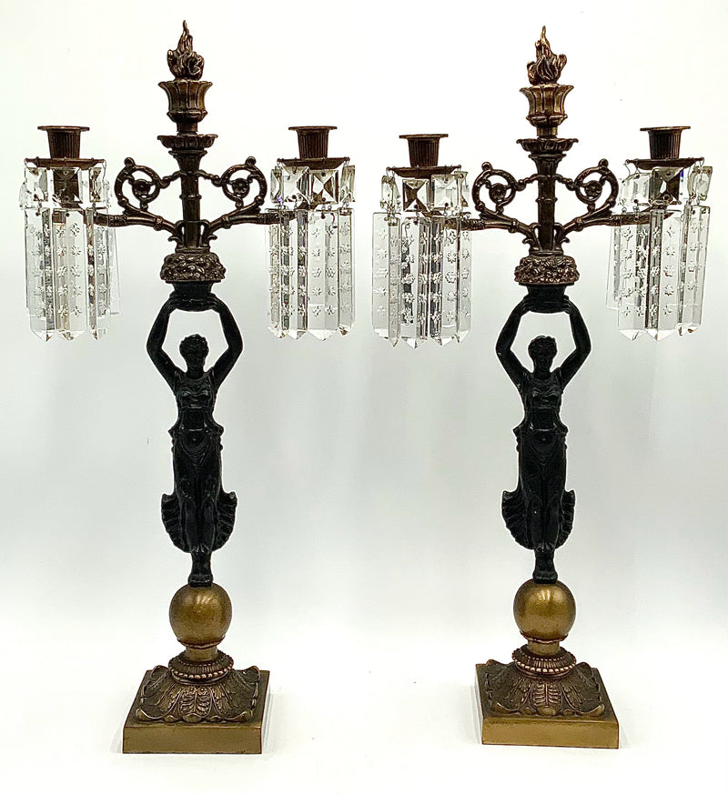 Pair of Vintage Bronze Figural Candelabras with Crystal Prisms