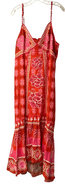FARM RIO Pink/Red Floral "Summer Sunrise" Spaghetti Strap Linen Maxi Dress