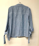 LAFAYETTE 148 Blue Linen w/White Top Stitching Tie Sleeve Open Jacket