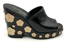 CHANEL Black Leather CC Camellia Floral Wedge Mules 39.5