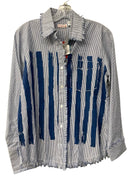 TIZZIE Blue/White Stripe Frayed Edge L/S B/D Top