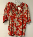 DYLAN Red/Tan Floral "Breezy Meadow" Ruffle Neck S/S B/D Top