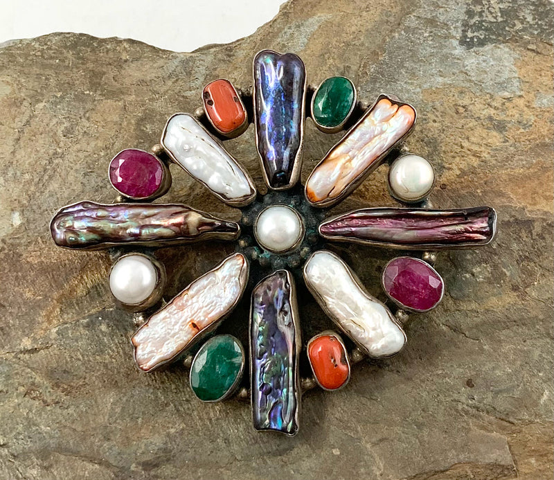 Artisan Sterling, Freshwater Pearl, Coral, Ruby & Kyanite Brooch