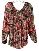 ST JOHN Plum/Pink/White/Green Floral Pleated "Brigitte" L/S Silk Top