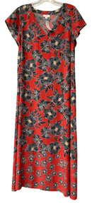 J JILL Red/Navy/Black Floral V-Neck Cap Sleeve Midi Dress