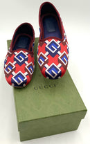 GUCCI Red Blue Maroon G Geometric Satin Grosgrain Trim Slip Ons 37