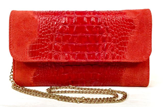 LAVORAZIANO ARIGIANALE Red Suede Croc Embossed Leather Flap Chain Bag