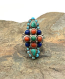 Tibetan Style Sterling, Turquoise, Coral, Lapis & Glass Bead Ring
