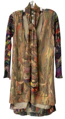 DRIES VAN NOTEN Tan Multi Abstract Print Cashmere Silk Slee Duster w/ Scarf, 2pc