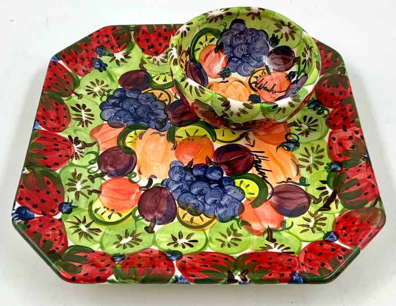 Hnad-Painted Pottery Chip & Dip with Fruit Motif