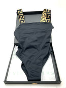 VERSACE Black Lycra Gold Greek Key Strap One Piece Swim Suit