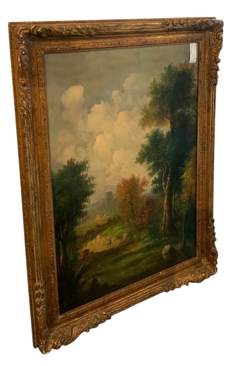 Vintage Oil on Canvas of Landscape in Carved Gold Frame