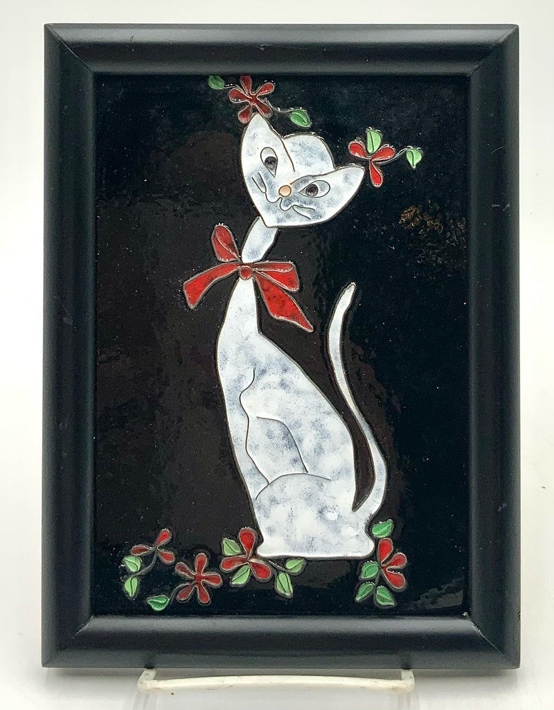 Vintage Enamel Over Metal Picture of White Cat